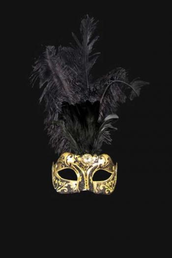 Venetiaans Damesmasker met veren Zwart Goud Aphrodité