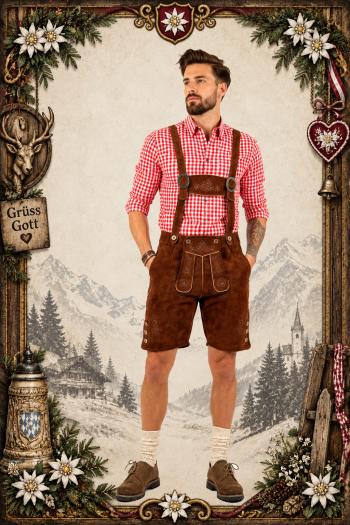 Lederhose Oktoberfest met geruit hemd rood wit Roelof