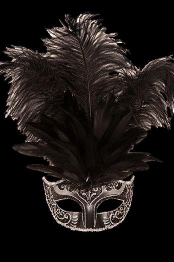 Venetiaans Masker met pluimen zilver zwart