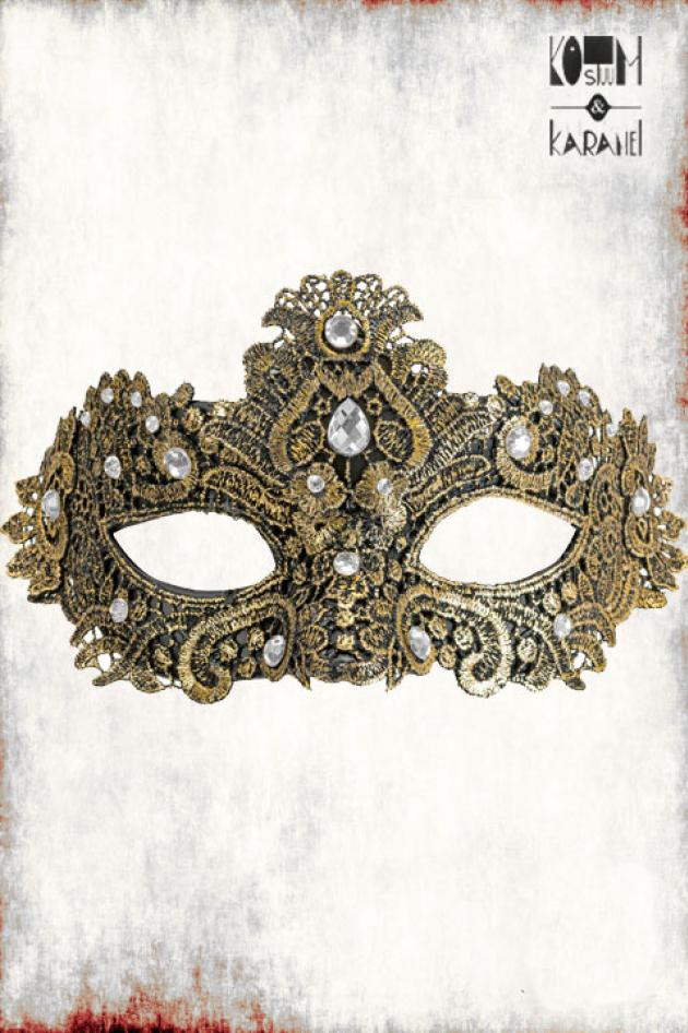 Venetiaans Masker Goud Zwart Kant en Juwelen