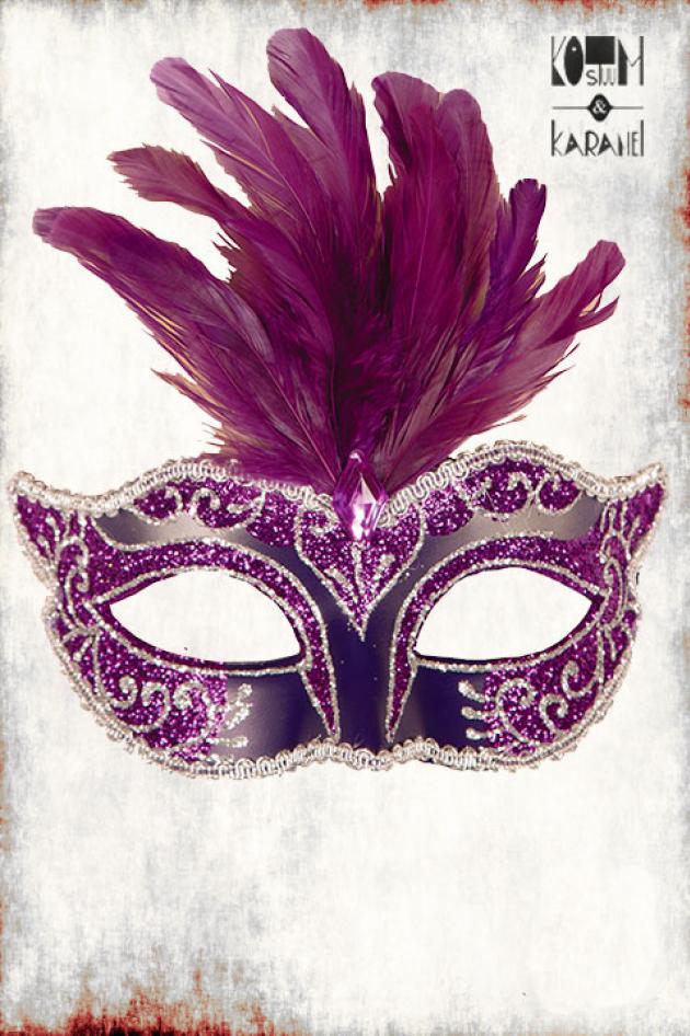 Venetiaans Masker Paars met veren en glitter