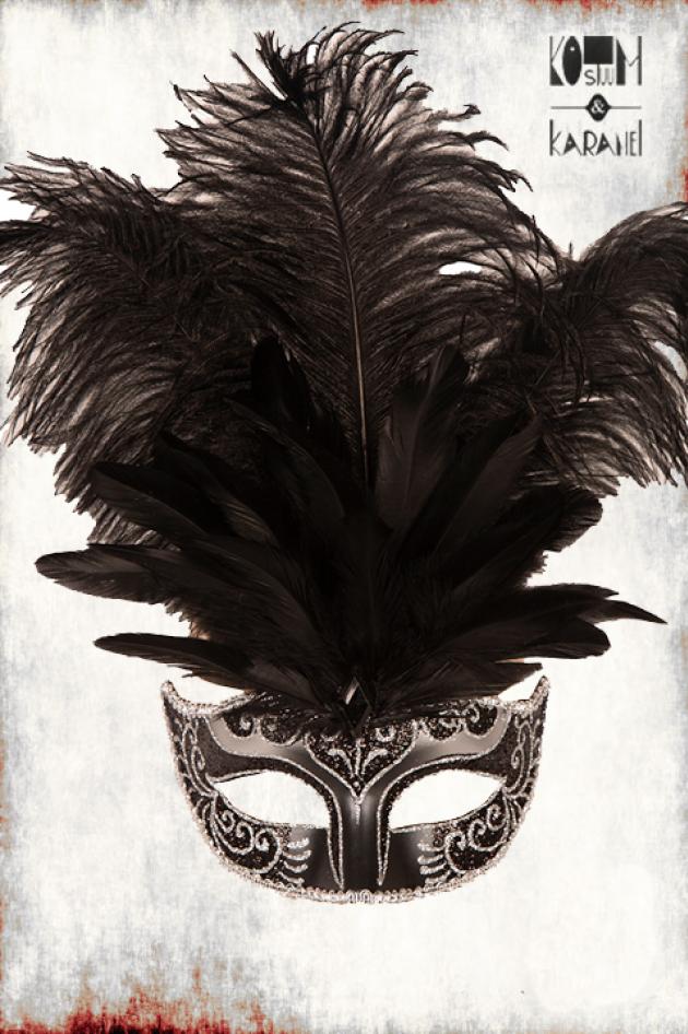 Venetiaans Masker met pluimen zilver zwart