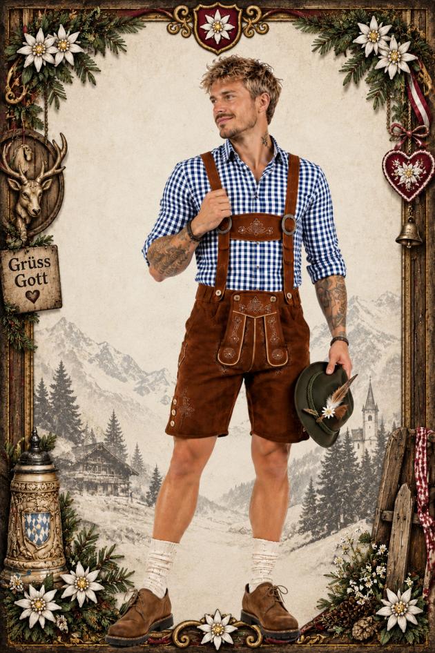 Lederhose Outfit met Geruit Hemd Blauw Bodo