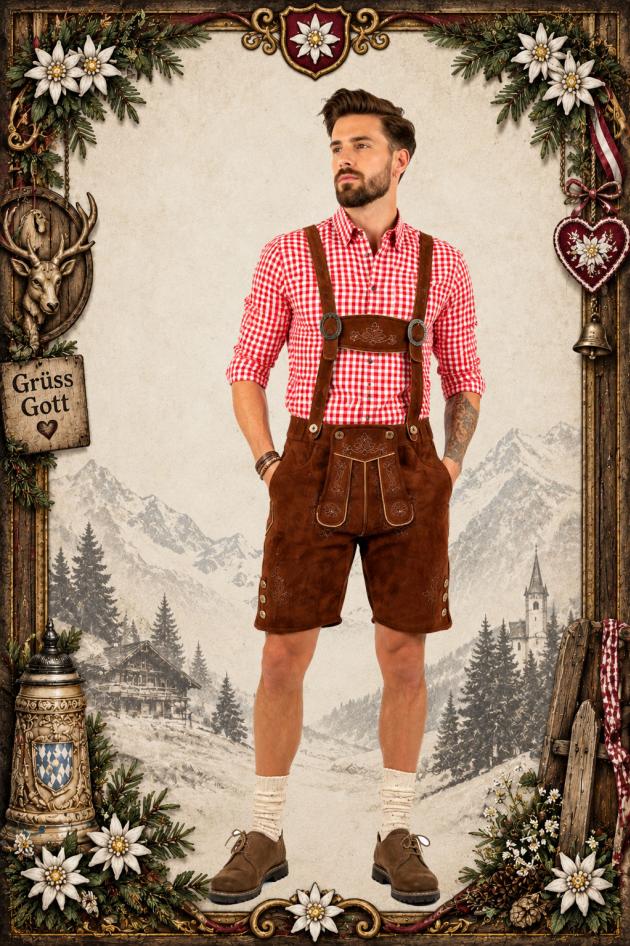 Lederhose Oktoberfest met geruit hemd rood wit Roelof