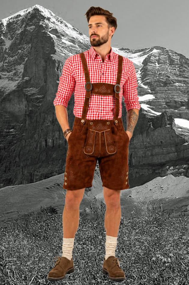 Lederhose Oktoberfest met geruit hemd rood wit Roelof