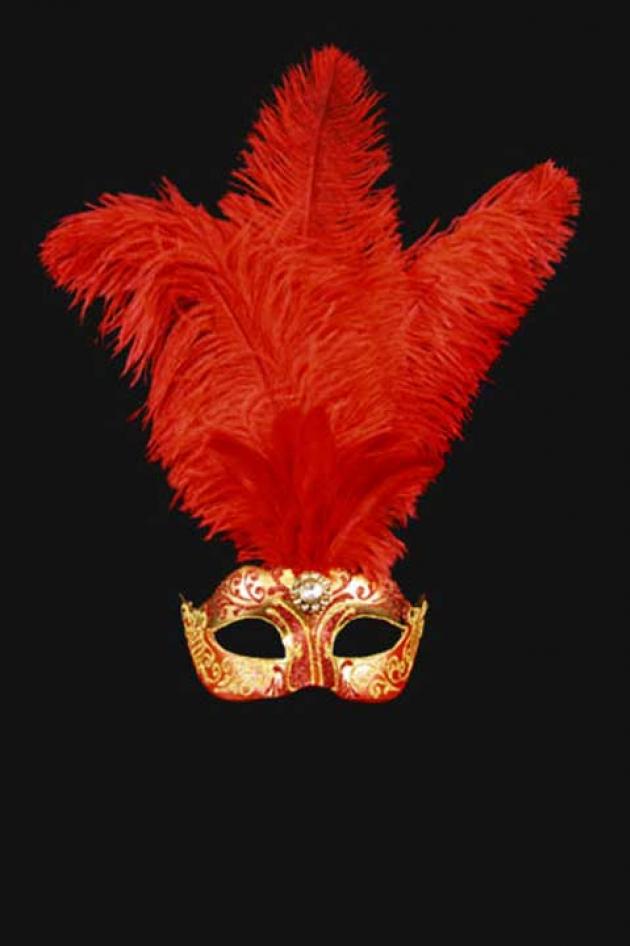 Venetiaans Damesmasker met pluimen Rood Goud Aphrodité