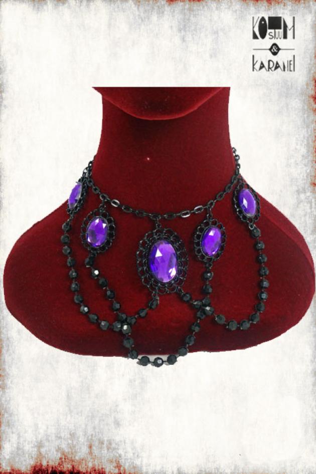 Zwarte Gothic Halsketting met Paarse Edelstenen